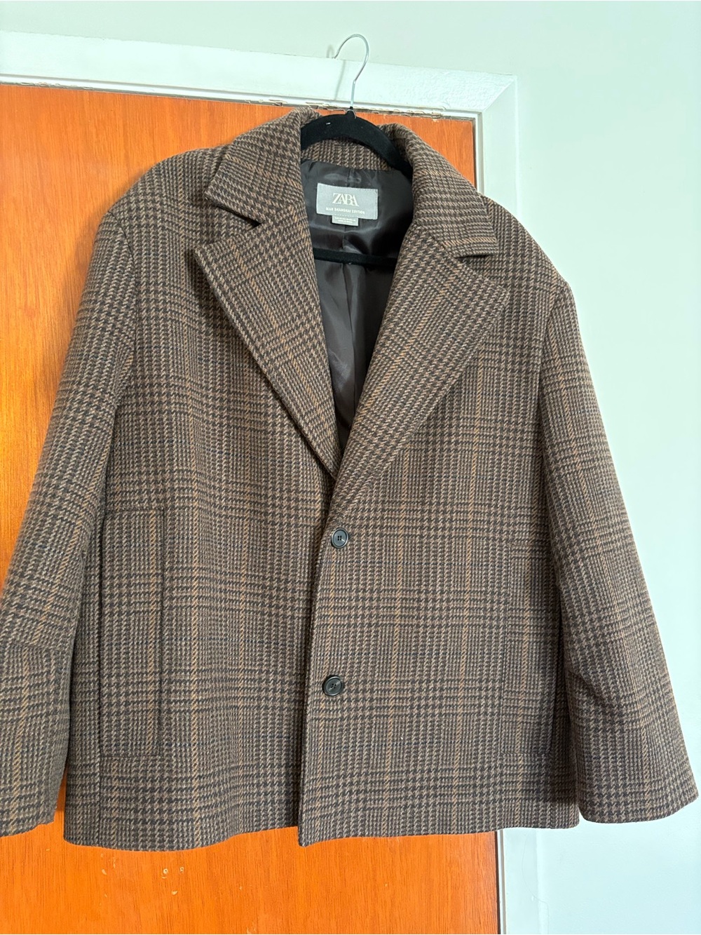 Zara Men's Brown Glen Plaid Pea Coat